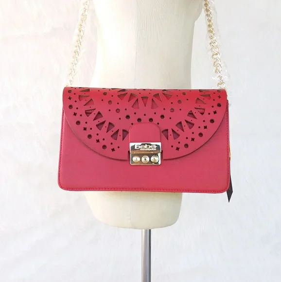 BEBE CROSSBODY RED TIFFANY PERFORATED EYELET CUT BAG PURSE - Picture 1 of 6